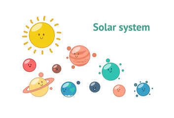 Solar system planets and the Sun. Cute characters for patterns on paper, fabric, textile and web designs. Vector illustration in cartoon style
