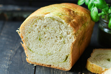 Bread roll with spinach and herbs homemade baking Menu concept healthy eating. food background top view copy space for text