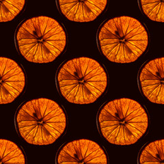 seamless pattern of slice orange fruit with backlight isolated on black background, can be tiled