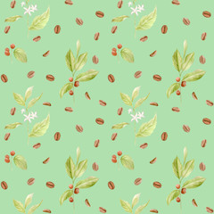 Watercolor coffee seamless pattern. Hand painted branches of coffee, red coffee beans, flowers