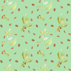 Watercolor coffee seamless pattern. Hand painted branches of coffee, red coffee beans, flowers