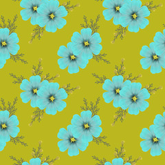 
Digital illustration of a seamless texture with blue flowers.