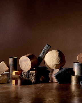 Still life with pieces of wood and metal pipes