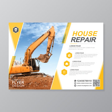 Excavator Or Dozer Cover A4 Template And Flat Icons For Construction Brochure Design, Flyer, Leaflets Decoration For Printing And Presentation Vector Illustration