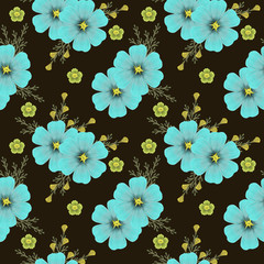 
Digital drawing of a seamless texture with blue flowers on a black background.