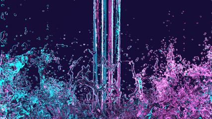 neon spray, water spray, purple and turquoise colors, water flow, water jet 3D render 3D...