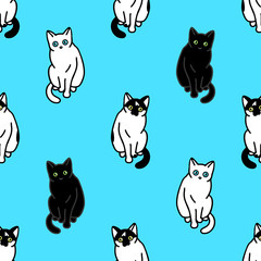 Seamless pattern with cute black and white cats. Texture for wallpapers, stationery, fabric, wrap, web page backgrounds, vector illustration