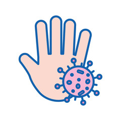 Covid 19 virus and hand line and fill style icon vector design