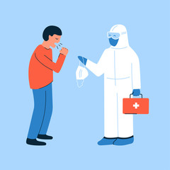 Modern vector illustration in flat style. Coughing, sneezing man and doctor in white protective suit giving him medical mask. Respiratory hygiene. Stop Coronavirus COVID-19 spread