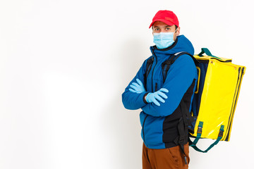 Young courier with thermo bag on white background. Food delivery service