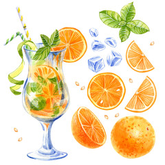 Summer lemonade, coctails on white background.