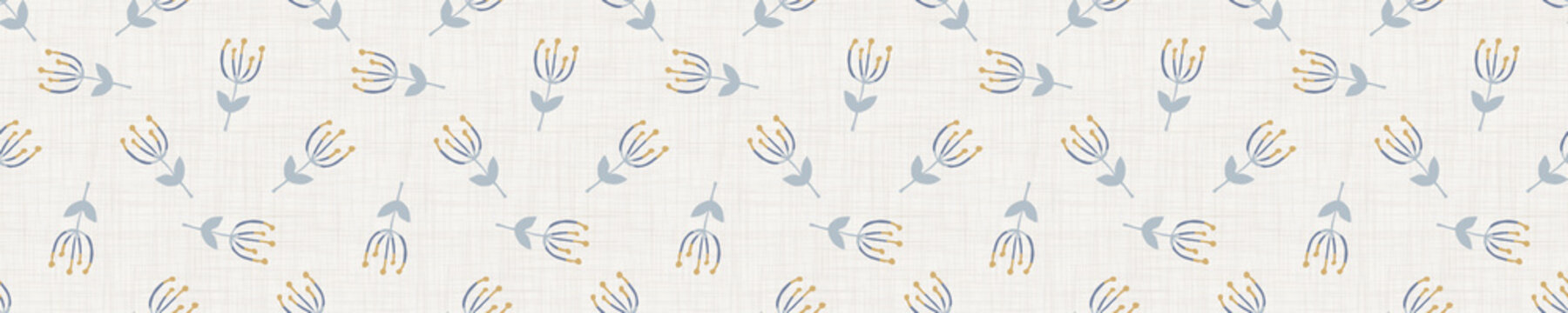 
Seamless Tossed Floral Pattern In French Blue Linen Shabby Chic Style. Hand Drawn Country Bloom Texture. Rustic Woven Background. Kitchen Towel Home Decor Swatch. Simple Flower Motif All Over Print