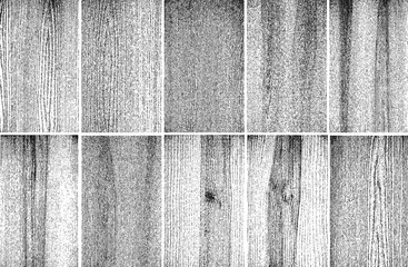 Distress wooden planks set collage texture. Black and white grunge background.