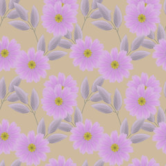 
Digital drawing of a seamless texture with delicate pink flowers.