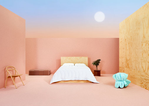 Bedroom concept under moon and pink and blue sky