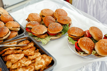 Tasty burger close up with chicken patty. Party serving. Selective focus