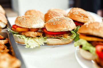 Tasty burger close up with chicken patty. Party serving. Selective focus