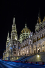 A night image of the Hungarian Parliament Building take beside the Danube River.