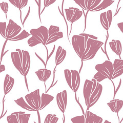 Fototapeta na wymiar Poppies, wildflowers seamless pattern. Summer floral background. Botanical illustration, monochrome hand drawing. Design for packaging, fabric, textile, wallpaper, website, cards.