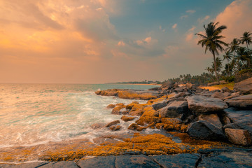 Rocks, stones and foamy waves at the ocean coast line under a beautiful sunset sky with clouds on Sri Lanka island.