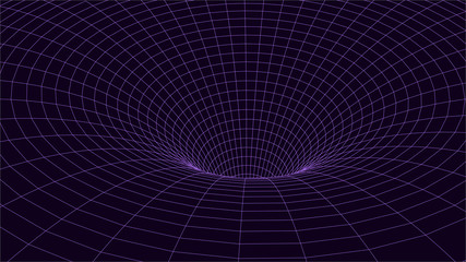 Violet wireframe vector tunnel. 3d wormhole dark vector illustration. 
