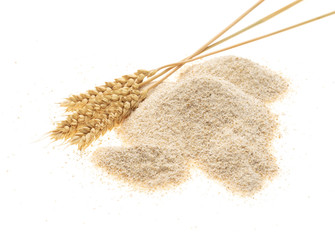 barley flour with spikelets of wheat on a white background