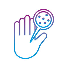 Covid 19 virus inside lupe and hand gradient line style icon vector design