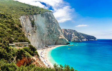 Aerial view of Porto Katsiki beach on the coast of Lefkada islans in summer holiday, Greece