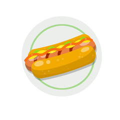Hot dog. Bread, sausage, ketchup. Icon Harmful diet. Delicious Bun. Fast junk food. Cartoon flat illustration