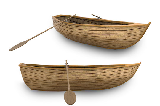 Old wooden boat with oar, 3d render
