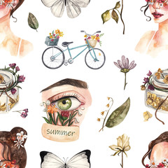 Seamless pattern with summer items. Bicycle, portrait of a girl with flowers, butterfly, dried flowers. Watercolor background