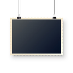 Photo card hanging on paper clips. Digital snapshot frame, photography. Vintage retro photograph. Mockup for design. Vector illustration.