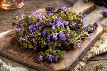 Fresh ground-ivy flowers on a cutting board