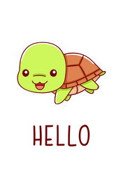 Cute kawaii hand drawn turtle doodles, lettering hello, isolated on white background