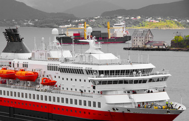 Famous Norwegian Hurtigruten on classic post ship or cruiseship or cruise ship liner MS Nordnorge...