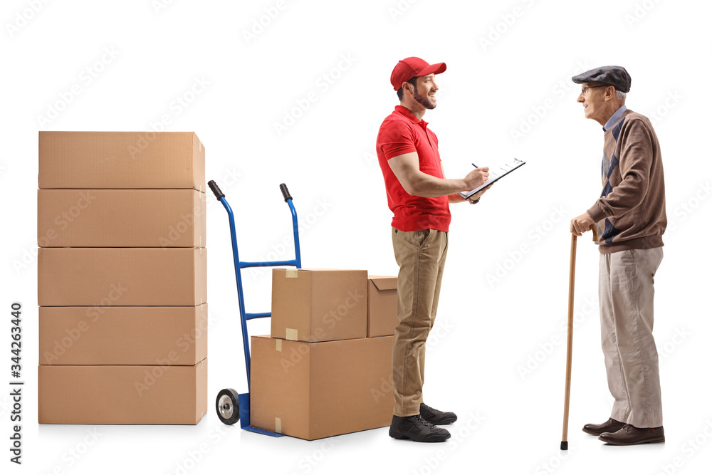 Sticker Delivery guy with a document handing boxes to an elderly man