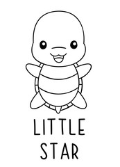 Coloring pages, black and white cute kawaii hand drawn turtle doodles, lettering little star