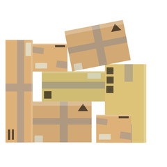 Set of parcels in cardboard boxes. Square carton. Cartoon flat illustration. Warehouse and mail item. Delivery of cargo. Packed goods. Brown objects