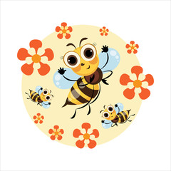 Honey bee. Swarm bees. Cartoon cute character. Emblem, sticker, label, mascot. Cartoon cute bee. Vector illustration isolated on white background for baby t-shirt.