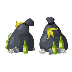Garbage bag. Black bag with trash and junk. Empty green beer bottle, banana peel, jar, crumpled paper. The problem of disposal and recycling. Cartoon flat illustration. Set scrap