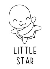 Coloring pages, black and white cute kawaii hand drawn turtle doodles, lettering little star