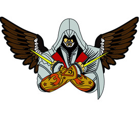 Assassin Creed Character in Muslim Attire with Falcon Wings and Assassin Knives  