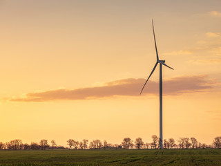 golden light of sunset in the sky and view to silhouette of wind generator with copy space