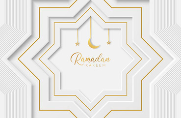 Ramadan kareem background with white paper cut geometric shape. Vector illustration for Islamic holy month celebrations. Place for your text