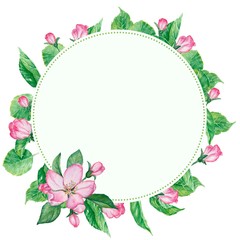 Watercolor hand painted wreath with green leaves and cherry flowers. Frame for wedding invitations, save .date or greeting cards. Spring greeting card