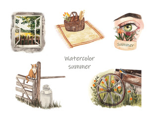 Watercolor summer collection.The village, summer landscapes, house in the village, picnic, cat on the fence, farm