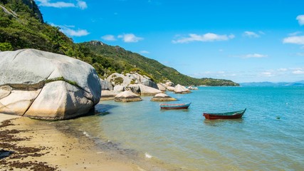 Obraz premium Beautiful boats on the Canto Grande beach. Bombinhas beach in Santa Catarina - Brazil