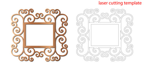 Laser cut photo frame with ornamental swirl for decoration design. Laser cut wood or metal lace frame. Ornamental pattern cutout photoframe, template for cutting. Vector illustration.