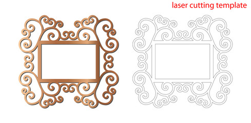 Laser cut photo frame with ornamental swirl for decoration design. Laser cut wood or metal lace frame. Ornamental pattern cutout photoframe, template for cutting. Vector illustration.