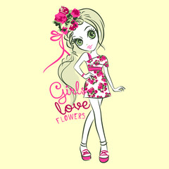Pretty fashion girl vector character illustration. Girls love collection
